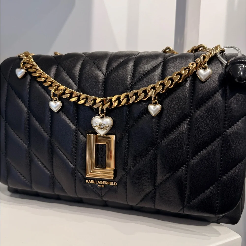 KARL LAGERFELD PARIS Lafayette Quilted Shoulder Bag Black Heart Charm Chain Gold